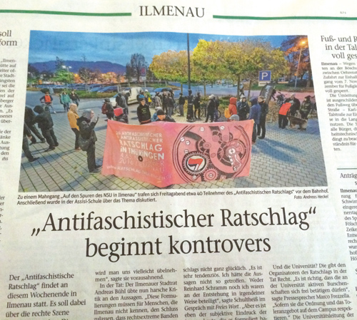 Das Lokalblatt thematisiert die Nestbeschmutzer-Kontroverse und gibt rechten Lokalpolitikern und anderen Heimatschützern ausreichend Platz, Schäden am Stadtimage zu beweinen. Die Ilmenauer Linkspartei distanzierte sich schon im Vorfeld in vorauseilendem Gehorsam und blieb dem Ratschlag sowie dessen Vorbereitung fern.